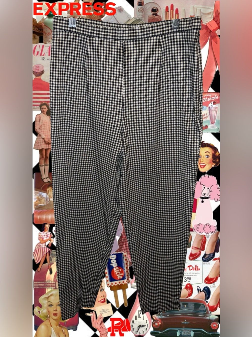 VTG Late 80s/90s EXPRESS INT’L B&W High-Rise Gingham Cropped Ankle Pants Sz 9/10